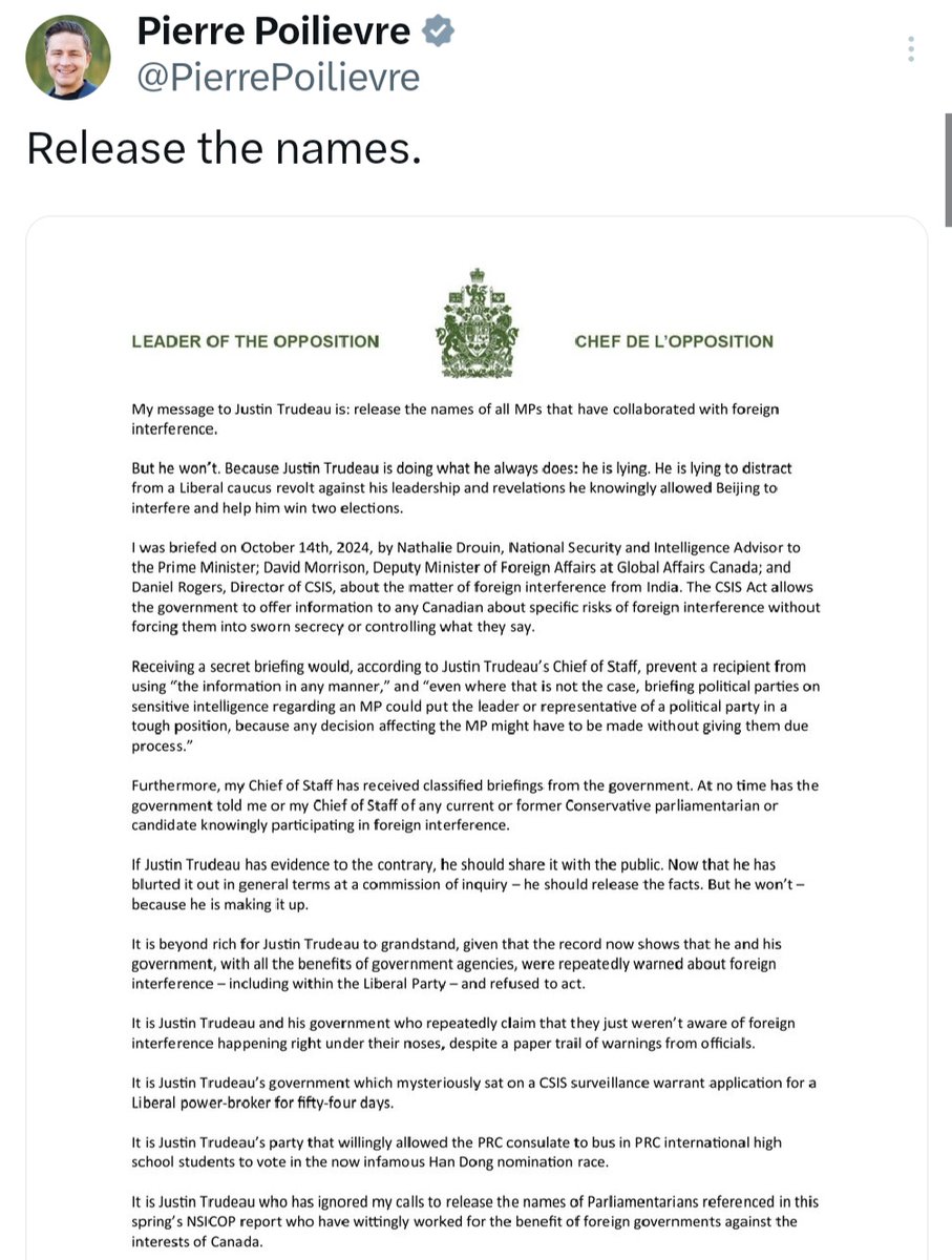 truckdriverpleb's tweet photo. Pierre Poilievre calls Trudeau's bluff and demands he release the names of the 11 traitors in Parliament https://t.co/AKrV8HgnNr