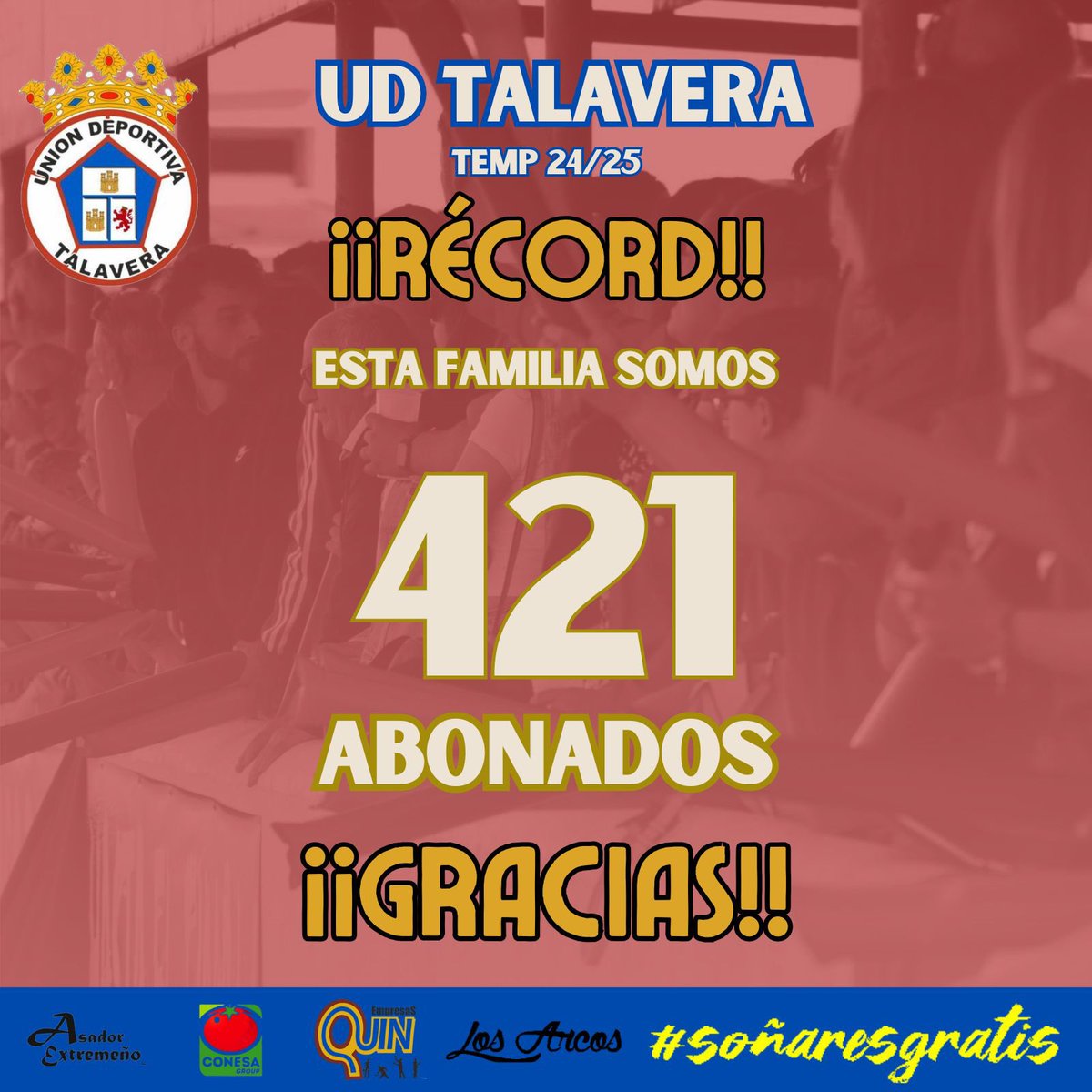 ¡¡𝑮𝑹𝑨𝑪𝑰𝑨𝑺 𝑨𝑭𝑰𝑪𝑰𝑶𝑵!!

Estamos encantados de anunciaros que a día de hoy somos ¡¡𝟰𝟮𝟭 𝗔𝗕𝗢𝗡𝗔𝗗𝗢𝗦!! en la UD Talavera La Real

¡¡𝙎𝙚𝙜𝙪𝙞𝙢𝙤𝙨 𝙘𝙧𝙚𝙘𝙞𝙚𝙣𝙙𝙤 𝐲….!!
¿𝐩𝐨𝐫𝐪𝐮𝐞 𝐧𝐨 𝟓𝟎𝟎?