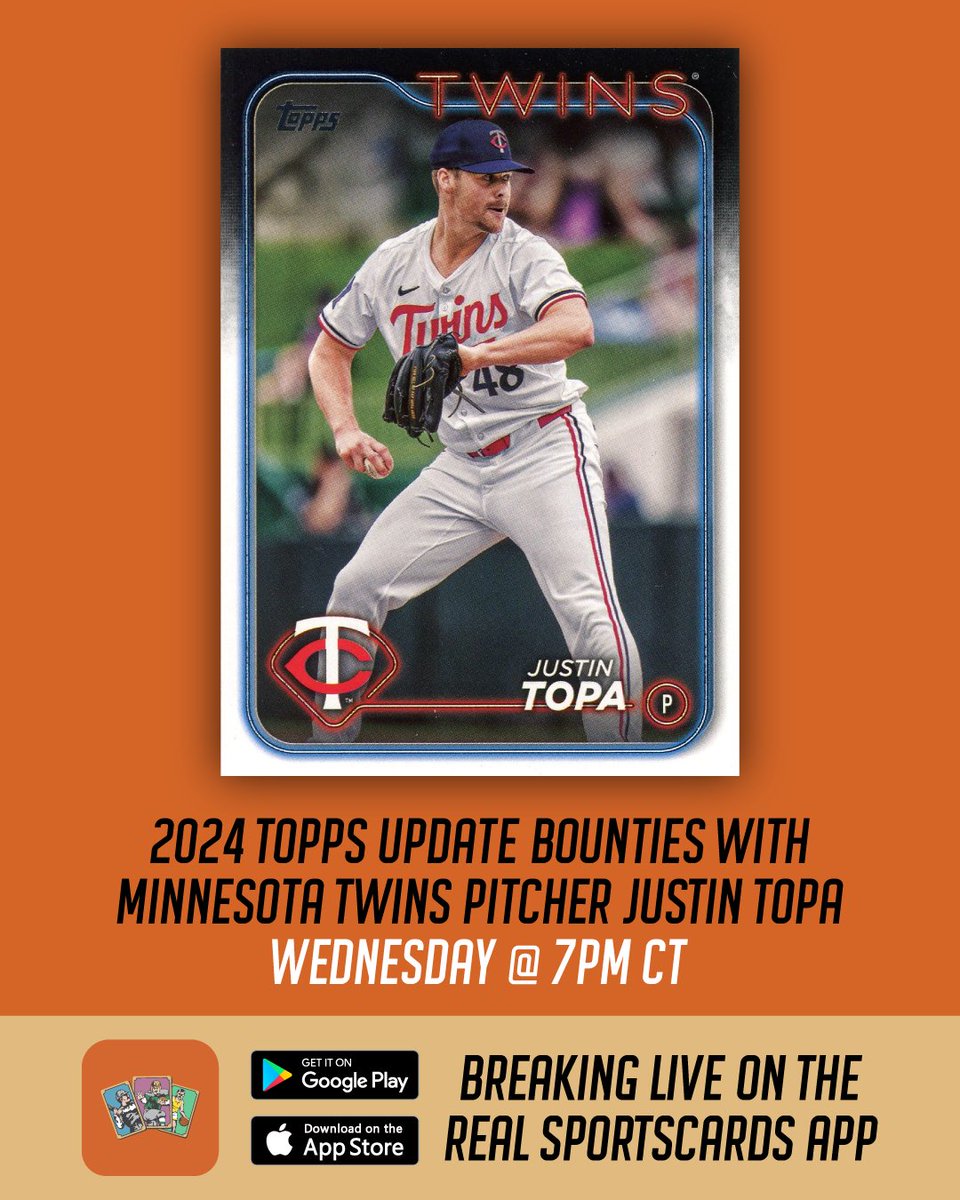 TONIGHT at 7pm CT ⏰

Join us for a case break of 2024 Topps Update with <a href="/Justin_Topa/">Justin Topa</a> from the Twins!

We’ll have some special bounties in the break if we pull any of Justin’s cards and some giveaways! Download the Real Sportscards App to come hang out!

Bit.ly/RealSportscard…
