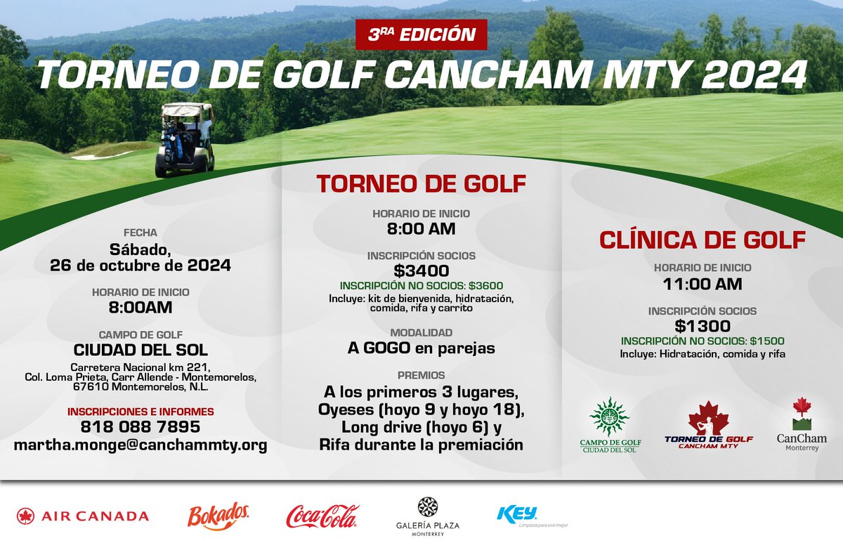Estamos a pocas semanas de nuestra Tercera Edición del Torneo de Golf CanCham Monterrey 2024, que se llevará a cabo el próximo 26 de octubre en el espectacular campo de golf Ciudad del Sol. ⛳️

¡No olviden apartar su lugar y prepararse para un día lleno de emociones y networking!