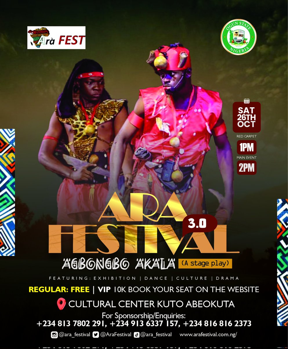 🎉 Join us for the long-awaited Cultural Festival! Immerse yourself in vibrant traditions, live performances, and delicious cuisine . Don’t miss out on this unforgettable experience -register now to secure your spot! Click the link to sign up today
 arafestival.com.ng/registration