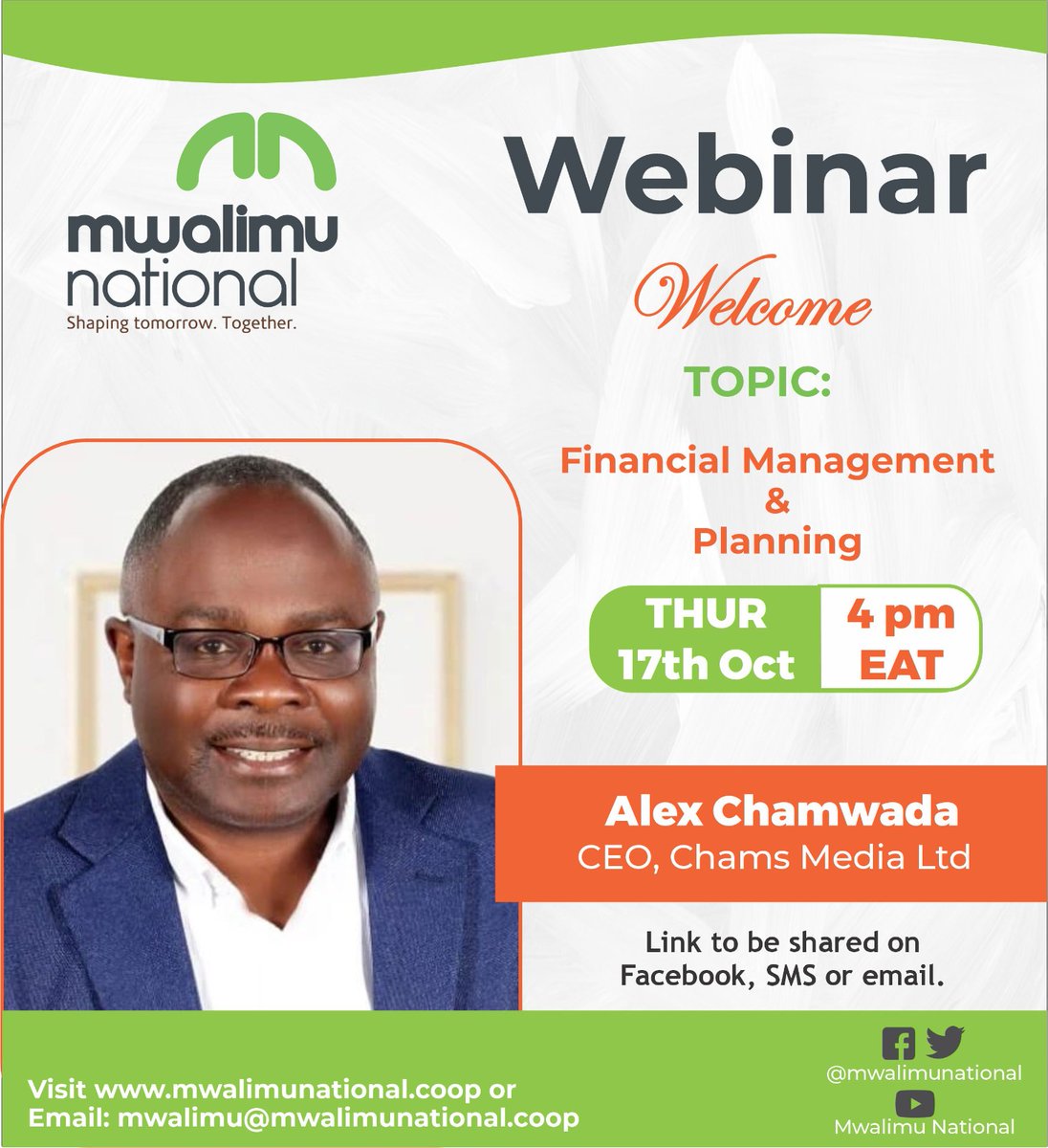 AlexChamwada OGW, MBS (@alexchamwada) on Twitter photo Learn about financial management amid the current hash econom times in a webinar which I will moderate for <a href="/mwalimunational/">Mwalimu National DT SACCO</a> this Thursday 17th Oct 4pm EAT. Here is the link bit.ly/MwalimuNationa… Attend whether abroad in Kenya. <a href="/NyasokobDouglas/">Douglas matagaro</a> <a href="/JoelGachari/">Joel Gachari</a> <a href="/ChamsMedia/">Chams Media</a>. Learn about financial management amid the current hash econom times in a webinar which I will moderate for <a href="/mwalimunational/">Mwalimu National DT SACCO</a> this Thursday 17th Oct 4pm EAT. Here is the link bit.ly/MwalimuNationa… Attend whether abroad in Kenya. <a href="/NyasokobDouglas/">Douglas matagaro</a> <a href="/JoelGachari/">Joel Gachari</a> <a href="/ChamsMedia/">Chams Media</a>.
