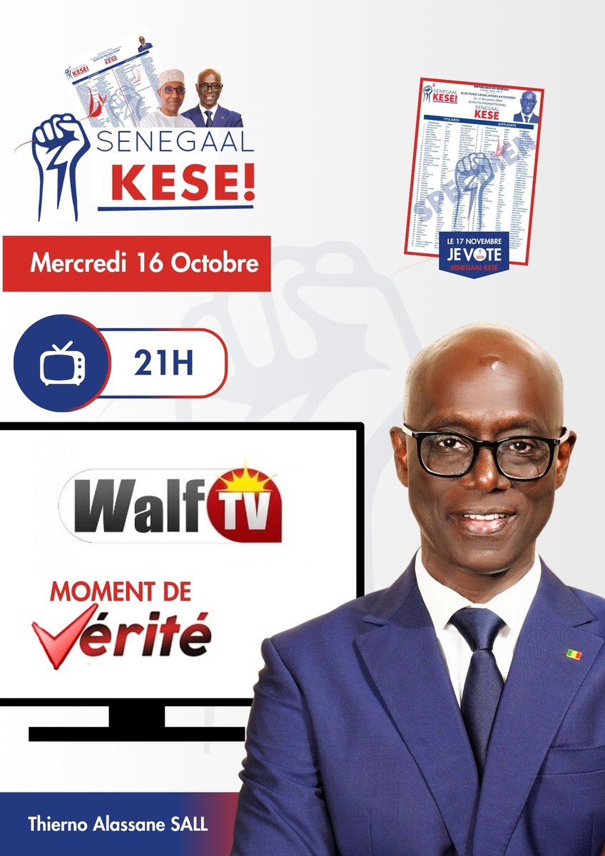 TasOfficiel's tweet photo. Chers compatriotes,

Je suis l'invité de l’émission “Moment de Vérité” ce mercredi à 21h sur Walf TV, présentée par Issa Tine. 

#SenegaalKESE https://t.co/b3FfpPK15B