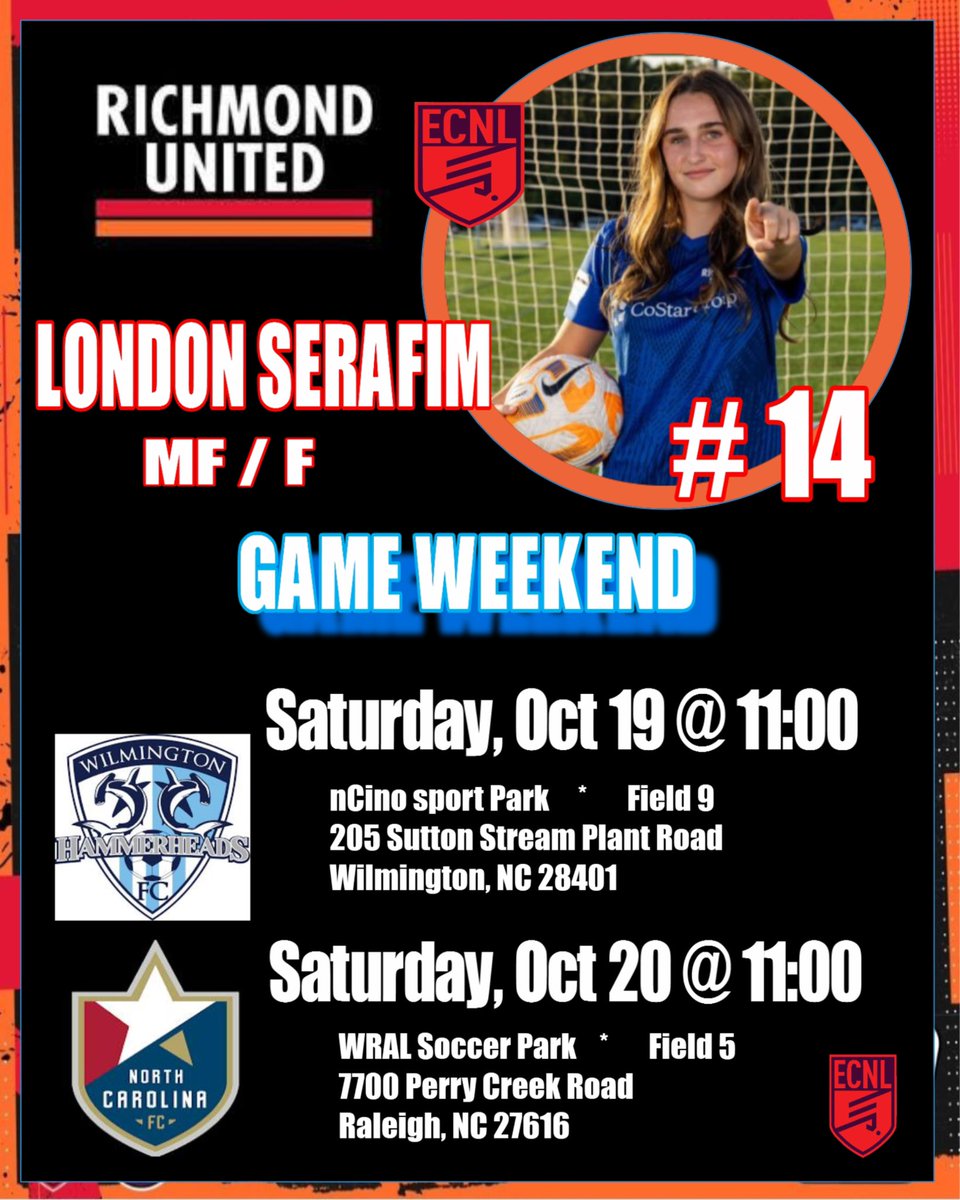 London Serafim (@londonserafim) on Twitter photo Game on for an exciting ECNL game weekend! We play against two solid NC teams, Wilmington and NCFC. We welcome any and all college coaches that have time to come out and watch. GOOOO RU!!
@prepsoccer
@uncwsoccer
@dukewsoc
<a href="/uncwomenssoccer/">UNC Women's Soccer</a>
@packwsoccer
@clemsonsoccer Game on for an exciting ECNL game weekend! We play against two solid NC teams, Wilmington and NCFC. We welcome any and all college coaches that have time to come out and watch. GOOOO RU!!
@prepsoccer
@uncwsoccer
@dukewsoc
<a href="/uncwomenssoccer/">UNC Women's Soccer</a>
@packwsoccer
@clemsonsoccer