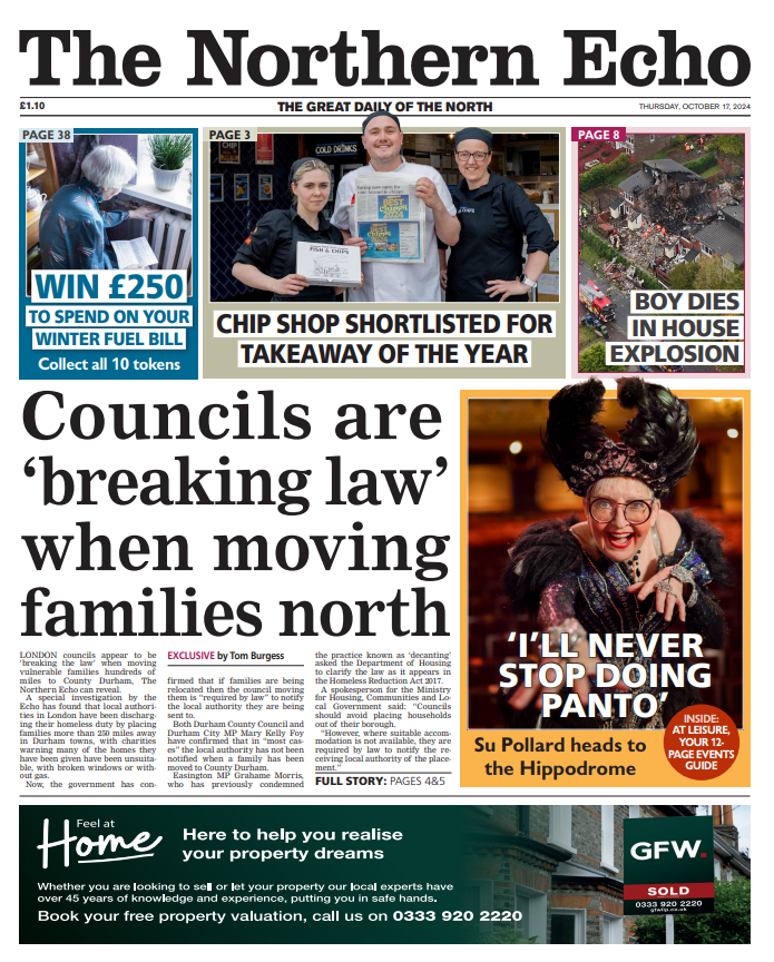 Nick Gullon (@echonickg) on Twitter photo First <a href="/TheNorthernEcho/">The Northern Echo</a> revealed London councils are 'dumping' vulnerable families in County Durham in homes without gas or electricity
Now we can reveal, by not notifying local authorities, they may well be breaking the law
✍️Exclusive <a href="/tburgessjourno/">Tom Burgess</a>
#TomorrowsPapersToday First <a href="/TheNorthernEcho/">The Northern Echo</a> revealed London councils are 'dumping' vulnerable families in County Durham in homes without gas or electricity
Now we can reveal, by not notifying local authorities, they may well be breaking the law
✍️Exclusive <a href="/tburgessjourno/">Tom Burgess</a>
#TomorrowsPapersToday
