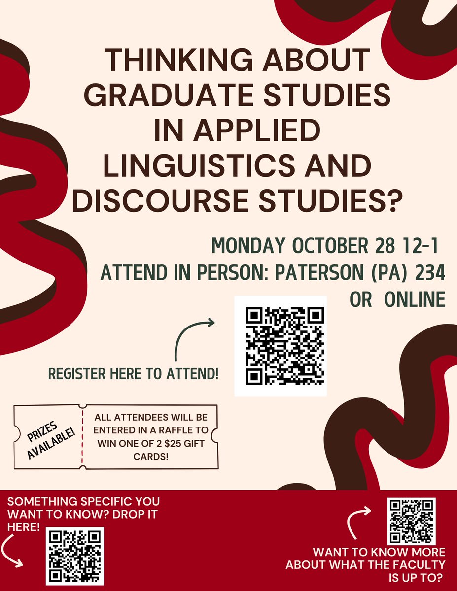 🎓 Ready to explore graduate studies in Applied Linguistics &amp; Discourse Studies?

Join us on Monday, October 28 from 12-1 PM at Paterson (PA) 234 or online! 📚

🎟️ Prizes await attendees!

Scan the QR code to register today! 🔍

#OttawaCanada #CarletonUniversity