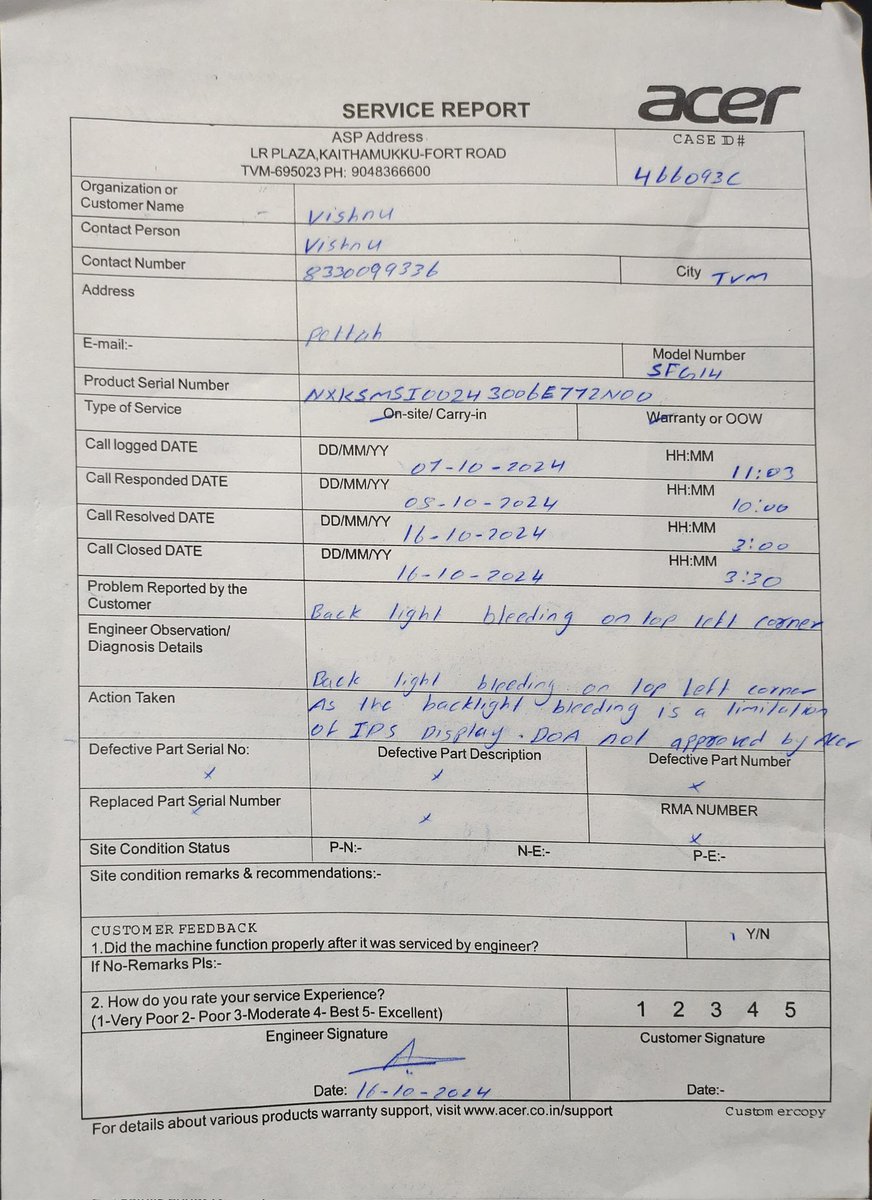 mr_vishnu_'s tweet photo. @Acer_India Is Acer selling defective products through @Flipkart  during big billion days &amp; then denying service?  Is this ethical?  Do I need to involve the National Consumer Forum? #RightToRepair #CustomerRights https://t.co/8SWIkGc00s