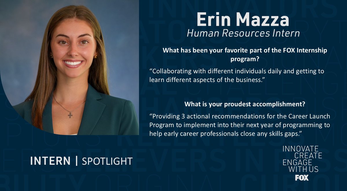 FoxCareers's tweet photo. 🍁 Our Fall 2024 #internspotlight is Erin Mazza! 

Erin is joining us from @UofSC as our Human Resources Intern. Outside of her day-to-day responsibilities, Erin got to shadow @TheFive. https://t.co/WWE0wtkKfg
