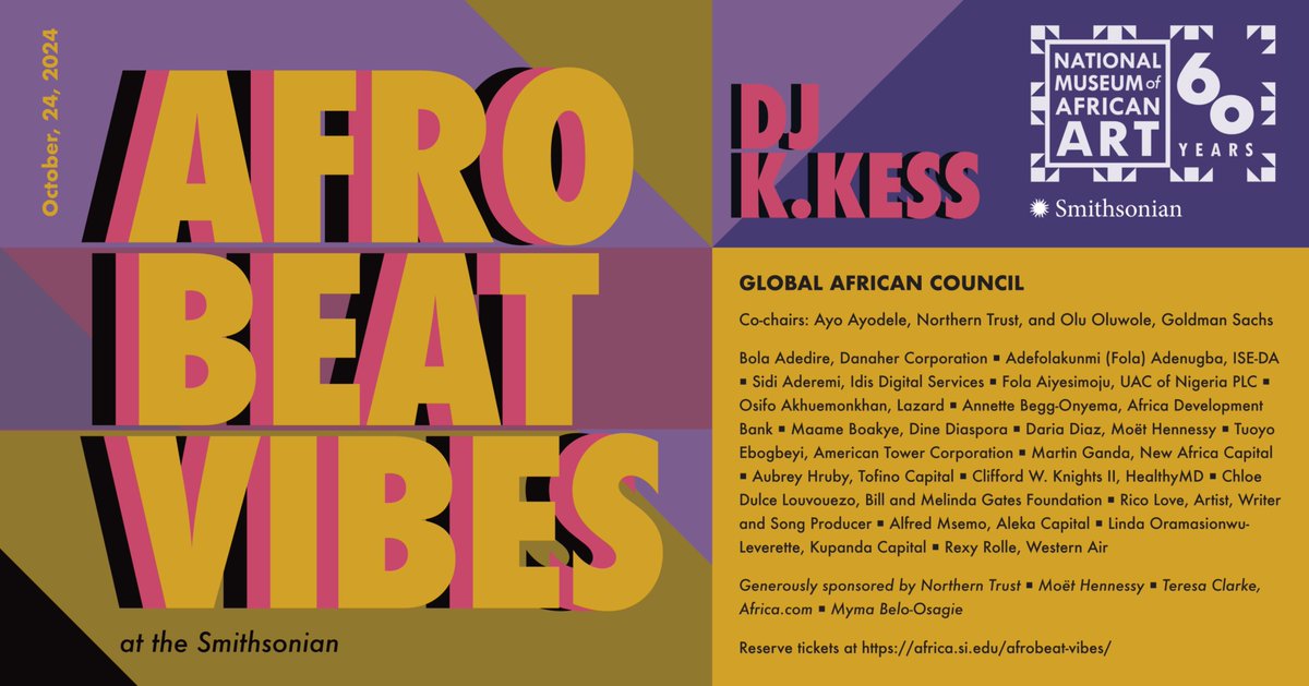 si_africanart's tweet image. Please join the National Museum of African Art’s new Global Africa Council for an evening of African music, art, and cuisine in celebration of the museum’s 60th Anniversary
featuring DJ K.Kess
October 24, 2024 6:00–9:30 p.m.
Tickets available here:
africa.si.edu/afrobeat-vibes/