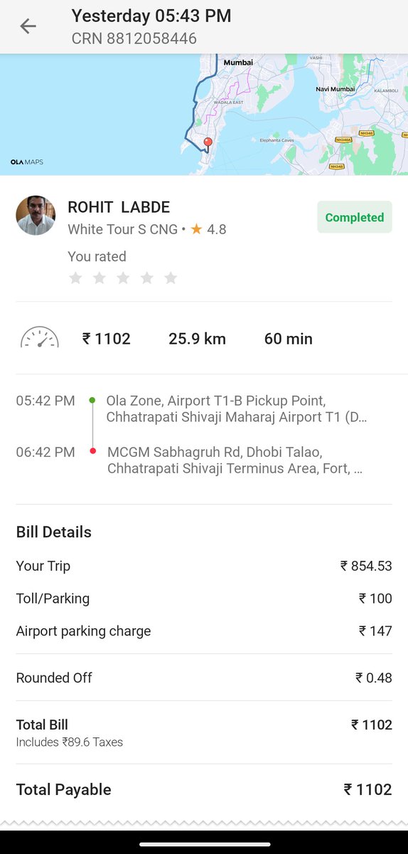 Shrinathrr's tweet photo. @bhash @Olacabs  I was robbed by Ola today (16/10/24)

While booking the fare shown was 473 ₹ and at the end the app shows 1102 ₹ wth is this OLA?
Need my lost money back ASAP.

I tried raising request over app it won't go further.
I'm attaching screenshots below for reference https://t.co/AtktZdkc8M