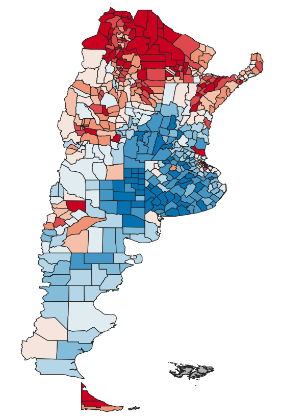danyscht's tweet photo. Este mapa muestra los municipios del país con mayor y menor porcentaje de hogares con necesidades básicas insatisfechas (NBI) de acuerdo al Censo 2022.

A modo de referencia: la media nacional es 6,7%.

Los 5 mejores:

-Hucal (La Pampa): 1,5%
-Comuna 13 (CABA): 1,6%
-Loventué (La Pampa): 1,8%
-Atreucó (La Pampa): 1,8%
-Saavedra (PBA): 1,8%

Los 5 peores:

-Rivadavia (Salta): 39,9%
-Ramón Lista (Formosa): 39,8%
-Concepción (Corrientes): 28,2%
-Independencia (Chaco): 26,5%
-Bermejo (Formosa): 24,9%