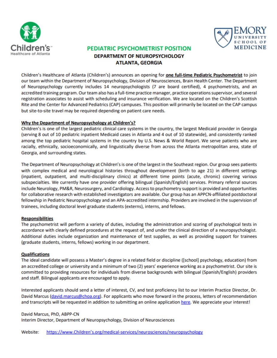 NeuropsychATL's tweet image. 🧠Looking for a Pediatric #Psychometrist role in Atlanta? Join the Department of Neuropsychology at Children's Healthcare of Atlanta! 🤩 Apply now: choa.org/medical-servic…
#Hiring #Pediatrics