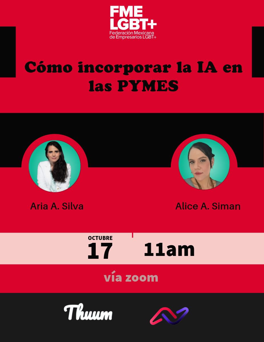 DATABILITY, THUUM y la FMELGBT+ invita a las personas LGBT+ emprendedoras con pequeñas o medianas empresas al taller sin costo: "Cómo incorporar la IA (inteligencia artificial) en la PYMES"  
17 de octubre de 11 a 13 horas México
lnkd.in/g3YTbMcB