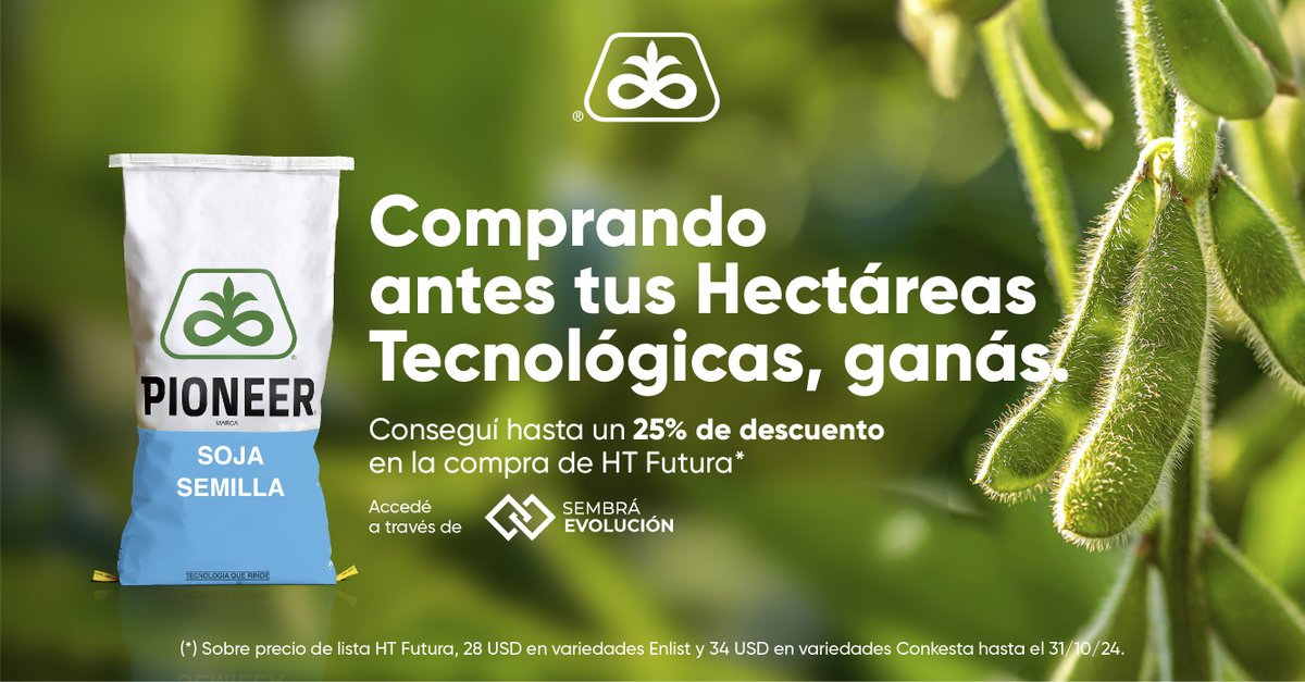Contactá a tu agente Pioneer Infinit y aprovechá el descuento en la compra de tus Hectáreas Tecnológicas.

Adquiriendo antes del 31/10 podés llegar a tener hasta un 25% de descuento. 

Experiencia Pioneer, porque seguís seguimos.