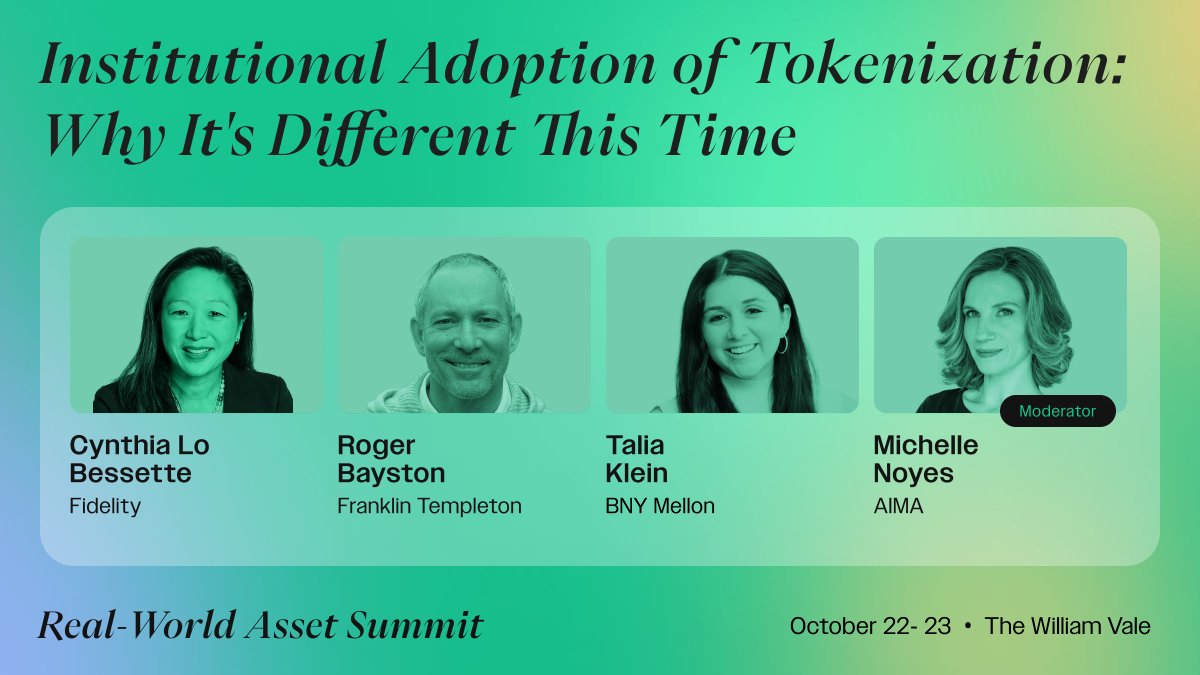 <a href="/AnneliseOsborne/">Annelise Osborne</a> 9:30 AM | Panel: Institutional Adoption of Tokenization – Why It's Different This Time.

Featuring Cynthia Lo Bessette from <a href="/Fidelity/">Fidelity Investments</a>, Roger Bayston from <a href="/FTI_DA/">REDACTED</a>, Talia Klein from <a href="/BNYglobal/">BNY</a>, moderated by Michelle Noyes from <a href="/AIMA_org/">AIMA</a>