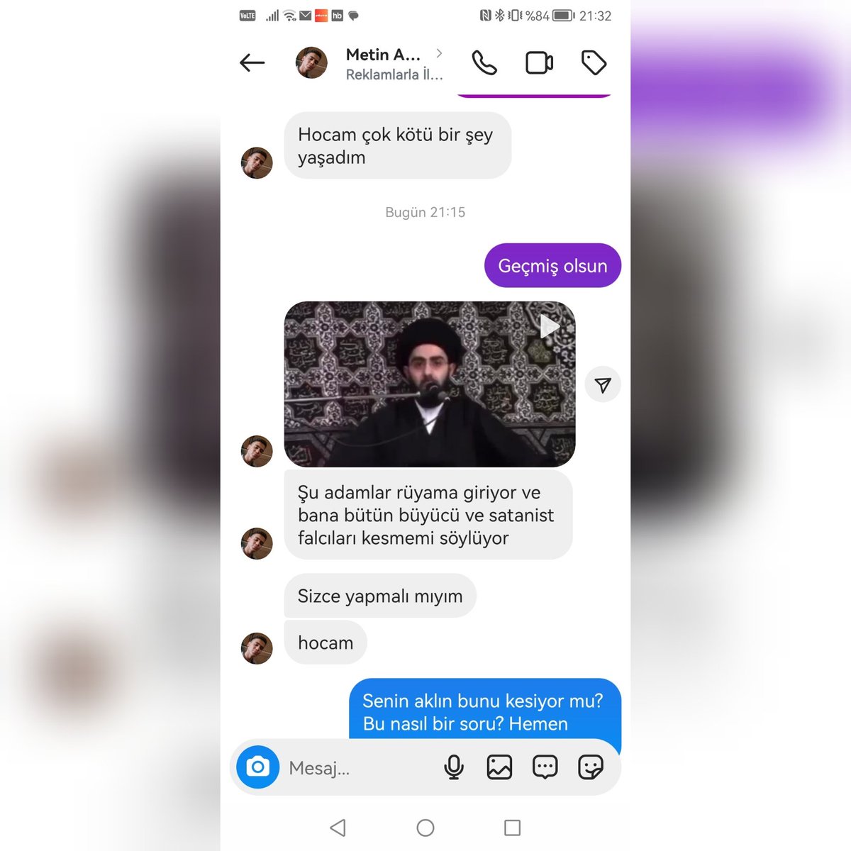 Bugün instagramda 21 yaşında olduğunu söyleyen birisi bu mesajı attı. Mesajın devamında müşrik olduğumu şeriat hukukunu bildiğini  ve benimle bunu tartışabileceğini söylüyor. Bu çocuk ileride birisini keserse bundan kim sorumlu olacak? 
#Emniyet #emg #içişleribakanlığı #şikayet