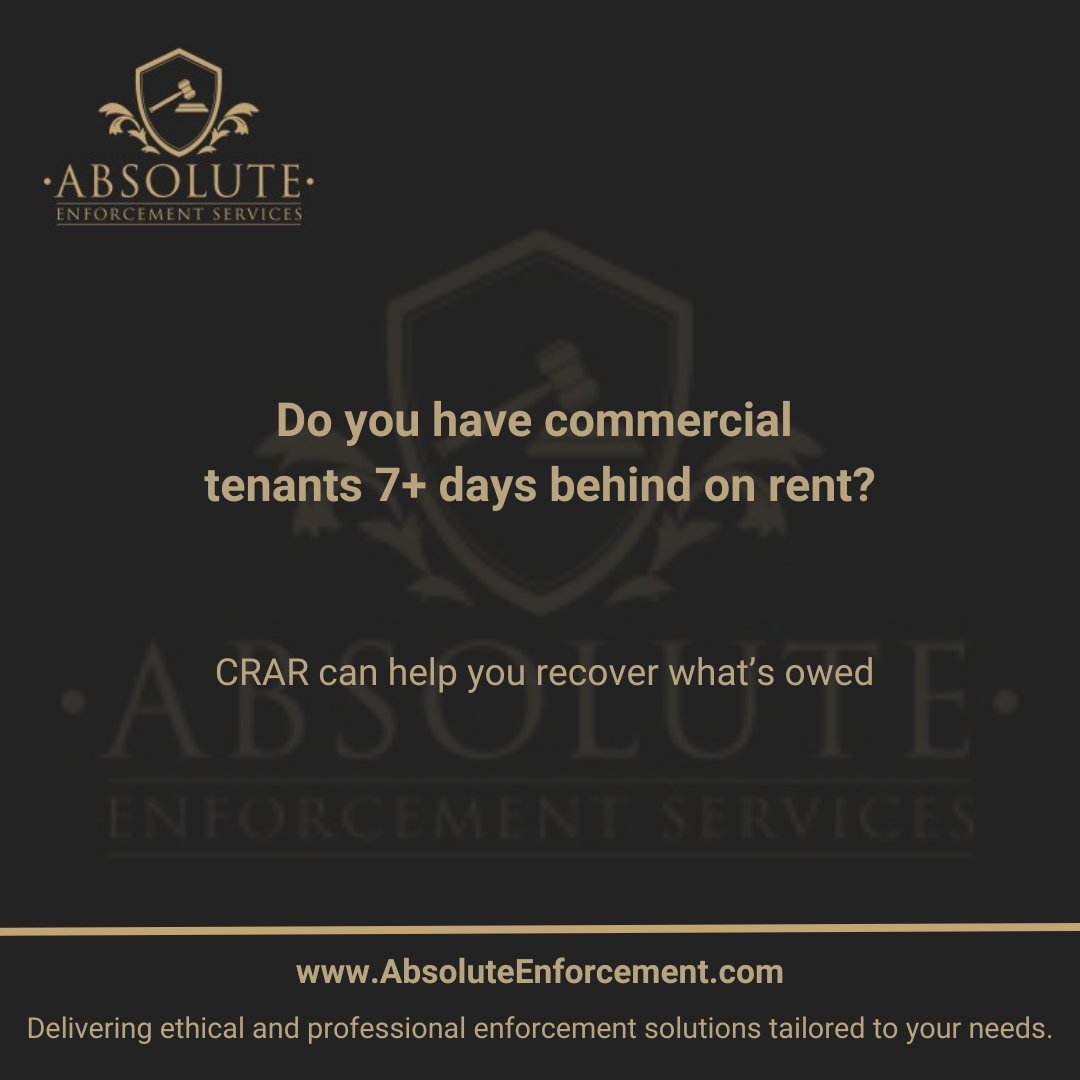 AbsoluteEnforce's tweet image. 🚨 Tenant behind on rent? CRAR helps you recover unpaid rent quickly. Issue a Notice of Enforcement and take control today!

#CommercialRentRecovery #CRAR #LandlordHelp #RentArrears #DebtRecovery #Bailiff