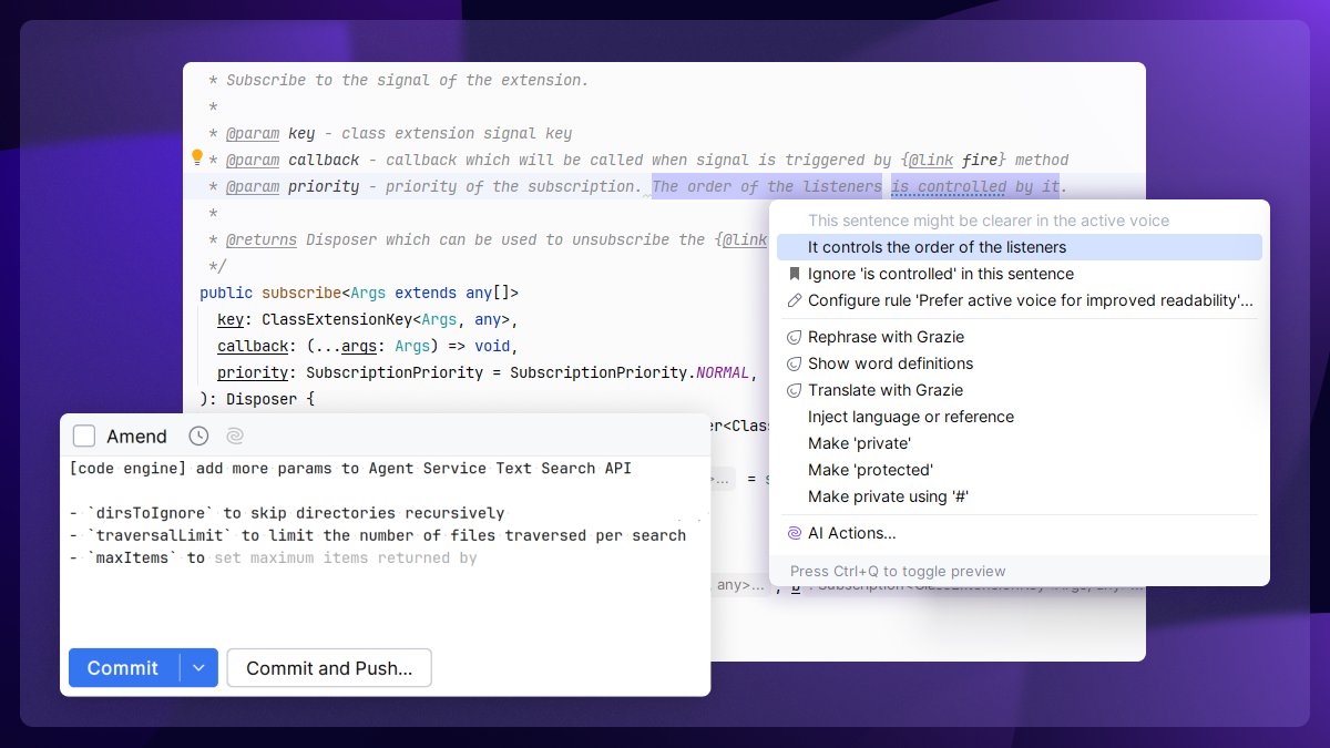WebStormIDE's tweet image. Need help crafting clear, polished commit messages and comments? Try Grazie Pro to enhance your writing in @WebStormIDE and the browser extension for your non-IDE writing needs. Best of all, @grazie is free, both in your IDE and beyond!

#WebStormTip

🔗 jb.gg/WS_G