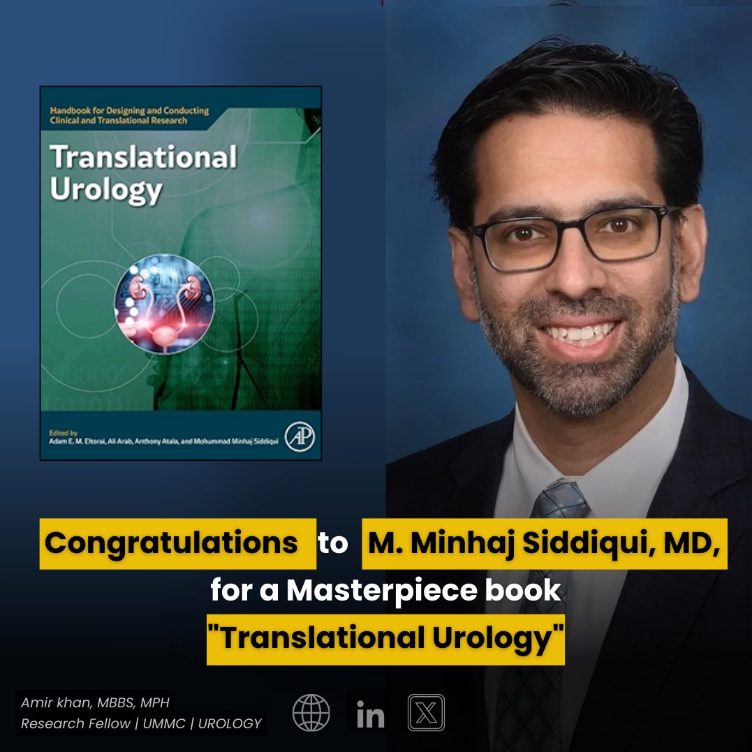 Amir Khan (@amirkhanuro) on Twitter photo Massive congrats 🎉 to my mentor, Professor Dr. Siddiqui <a href="/MMSiddiquiMD/">Minhaj Siddiqui</a>, at <a href="/MarylandUrology/">Division of Urology, University of Maryland</a> on the publication of a comprehensive research guide “Translational Urology”.
Highly recommend this research guide to anyone interested in Urologic research. shop.elsevier.com/books/translat… Massive congrats 🎉 to my mentor, Professor Dr. Siddiqui <a href="/MMSiddiquiMD/">Minhaj Siddiqui</a>, at <a href="/MarylandUrology/">Division of Urology, University of Maryland</a> on the publication of a comprehensive research guide “Translational Urology”.
Highly recommend this research guide to anyone interested in Urologic research. shop.elsevier.com/books/translat…