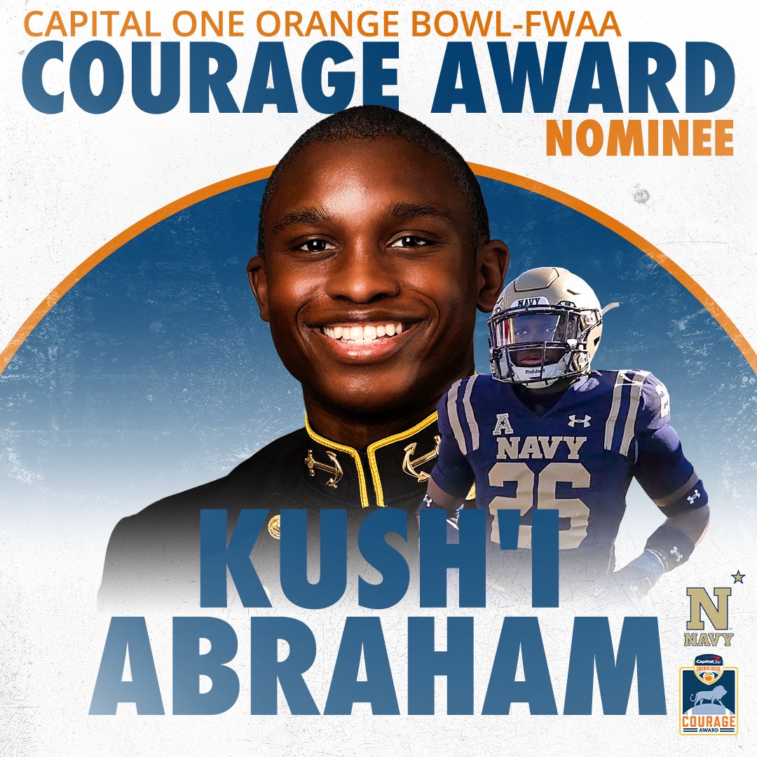 OrangeBowl's tweet photo. Navy’s @K_Abraham7 is this week’s nominee for the 2024 Capital One Orange Bowl-FWAA Courage Award. 

Abraham, a sophomore safety, was homeless during different parts of his childhood and overcame an unstable upbringing to become a member of the Naval Academy’s football team. https://t.co/PLXnVfR7Sa