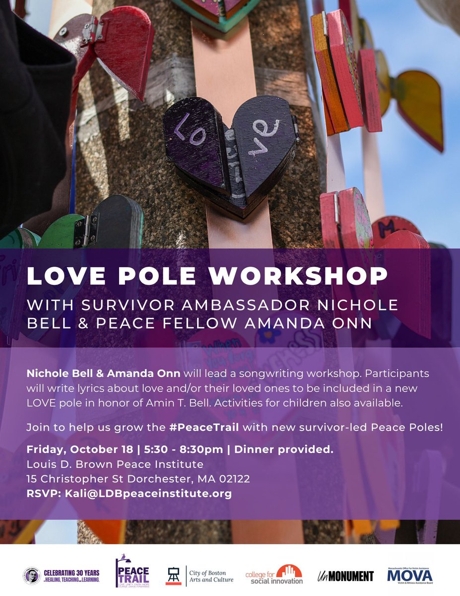 Peace Institute (@ldbpeaceinst) on Twitter photo This Friday, join Survivor Ambassador Nichole Bell and Peace Fellow Amanda Onn as we create art for a Love Peace Trail Pole in memory of Amin T. Bell. We'll be writing lyrics about our loved ones and sharing food together!
RSVP to Kali@LDBpeaceinstitute.org This Friday, join Survivor Ambassador Nichole Bell and Peace Fellow Amanda Onn as we create art for a Love Peace Trail Pole in memory of Amin T. Bell. We'll be writing lyrics about our loved ones and sharing food together!
RSVP to Kali@LDBpeaceinstitute.org