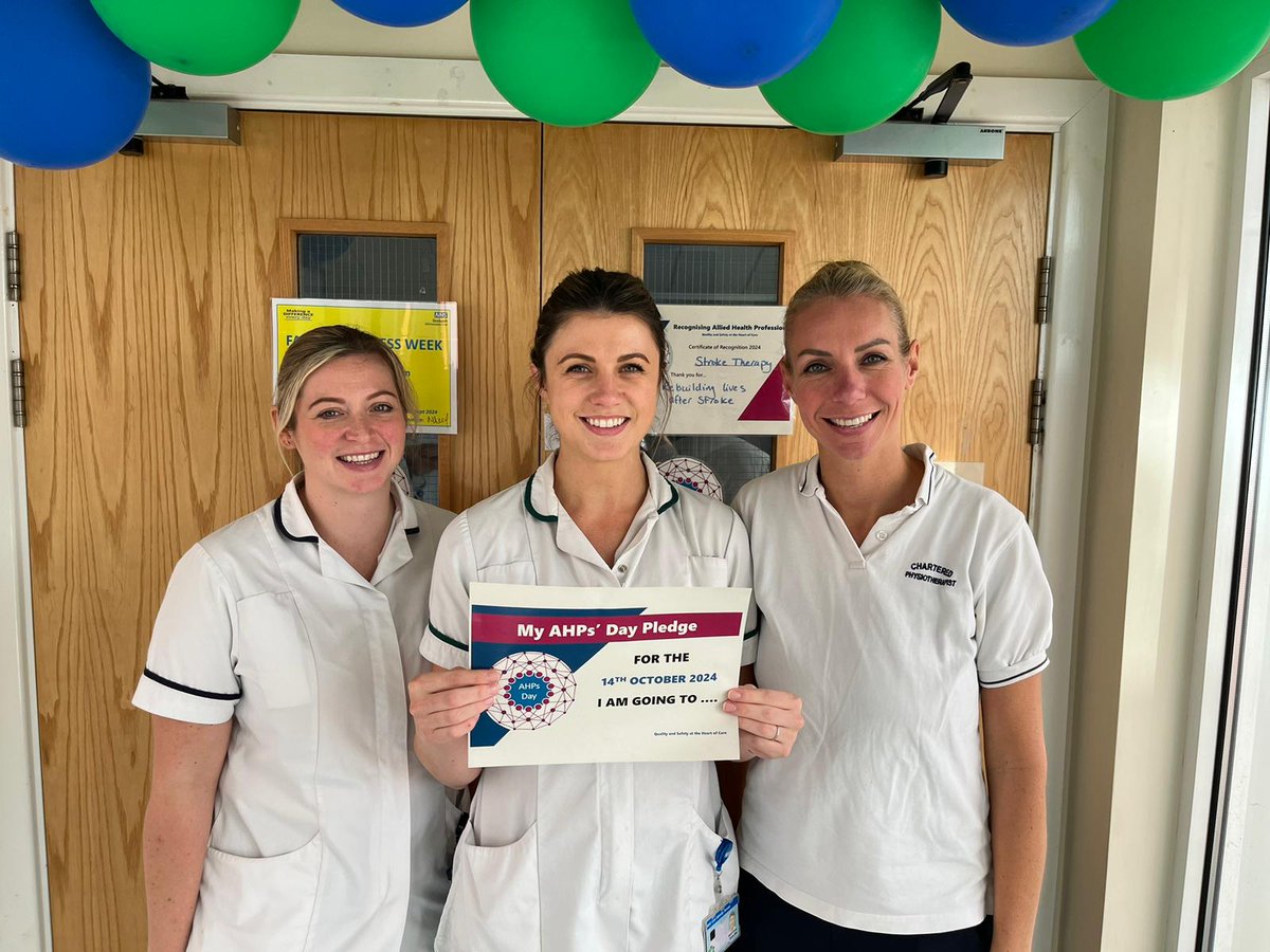 Physio's Hannah &amp; Megan and OT Emma pledge to "support &amp; encourage the Therapy Team to increase intensity of motor rehab on the Stroke Unit." Reps, Reps, Reps! Imroving outcomes for Stroke Survivors #AHPDay2024