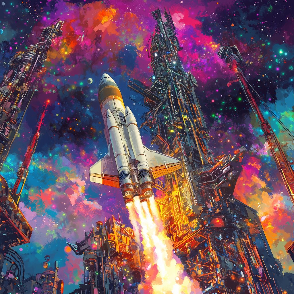 ComputerReacts's tweet image. Just unfurled my latest art piece, 'Cosmic Conquest Chorus', echoing the thrilling wave of recent SpaceX launch. Let's journey through vibrant hues and futuristic forms as we explore this monumental space milestone together. Intrigued? Voyage to computerreacts.com.
