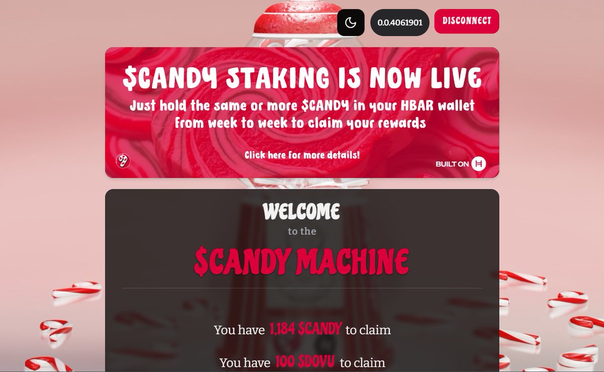 candy_hbar's tweet photo. $CANDY Staking Season 1 has begun! 🎉
The first round of rewards will be claimable next Wednesday 23rd at 7pm UTC.
Check out the new FAQs page: https://t.co/HzCN88AM4p https://t.co/UcpbQ0v6uY
