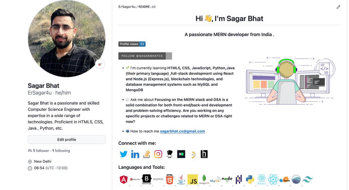 Spent today creating a detailed README for my GitHub profile to better showcase my projects and skills. Always aiming to improve and make my work more accessible! 🚀 #GitHub #Readme #WebDevelopment #MERNStack
github.com/ErSagar4u