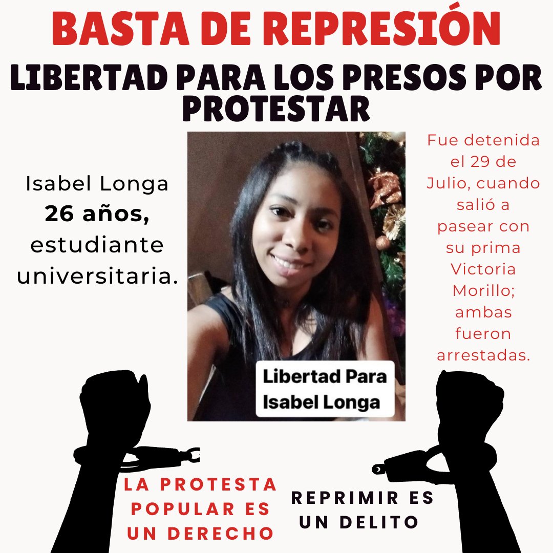 cofamigos's tweet photo. ISABEL LONGA: 26 años, estudiante universitaria, trabaja muy duro para pagar su carrera. Fue detenida el 29-J cuando salió a pasear con su prima Victoria Morillo; ambas fueron arrestadas y desde entonces ninguno de sus familiares ha podido verla. #LibertadParaLxsPresxsXProtestar https://t.co/XwOfeaf0Zv