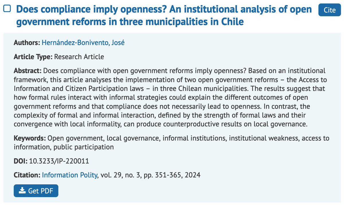 InformationPol2's tweet image. Does compliance with #OpenGovernment reforms guarantee true #openness? This study by @jhdezbonivento examines the implementation of two key reforms in Chilean municipalities, revealing how formal and informal rules shape outcomes. Explore the findings! lnkd.in/eAPzuWGD