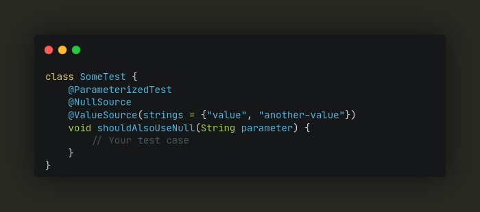 _piotrooo's tweet image. 💎 #JUnit Diamonds 💎

When you are using @ParameterizedTest and want to pass null, use the @NullSource annotation, which provides a single null argument to the method.

junit.org/junit5/docs/cu…