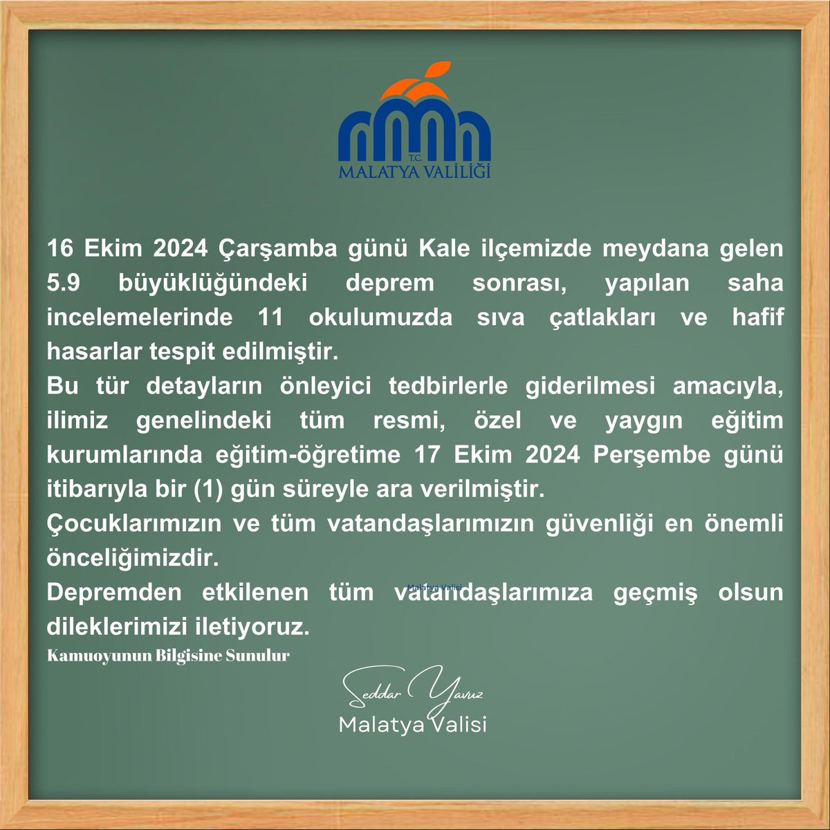SeddarYavuz's tweet photo. Kıymetli Hemşehrilerim,
Teknik ekiplerce okullarımız kontrol edilmiş ve 1 gün daha eğitim ve öğretime ara verilmesi uygun görülmüştür.

Geçmiş olsun dileklerimi iletiyorum. https://t.co/mPB13yRbAg