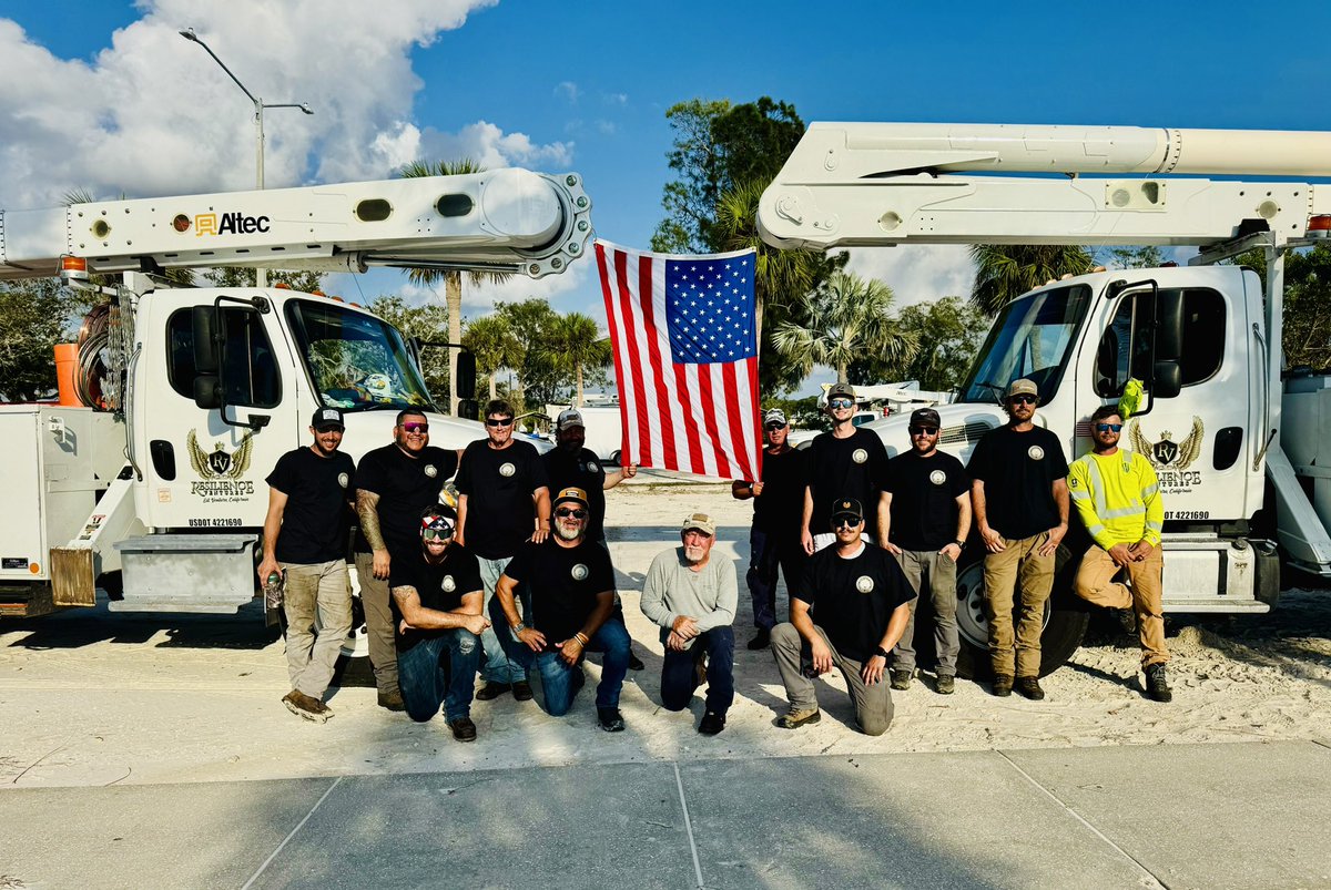 AStasko430's tweet photo. What a storm, what a team, what a pic. Grateful for all the Duke Energy crews &amp; contractors, including this bunch from Resilience Ventures. These guys came from all over the country including Alaska, Georgia and California to help restore &amp; rebuild Florida. 
❤️🤍💙 https://t.co/b74kDRDnFA