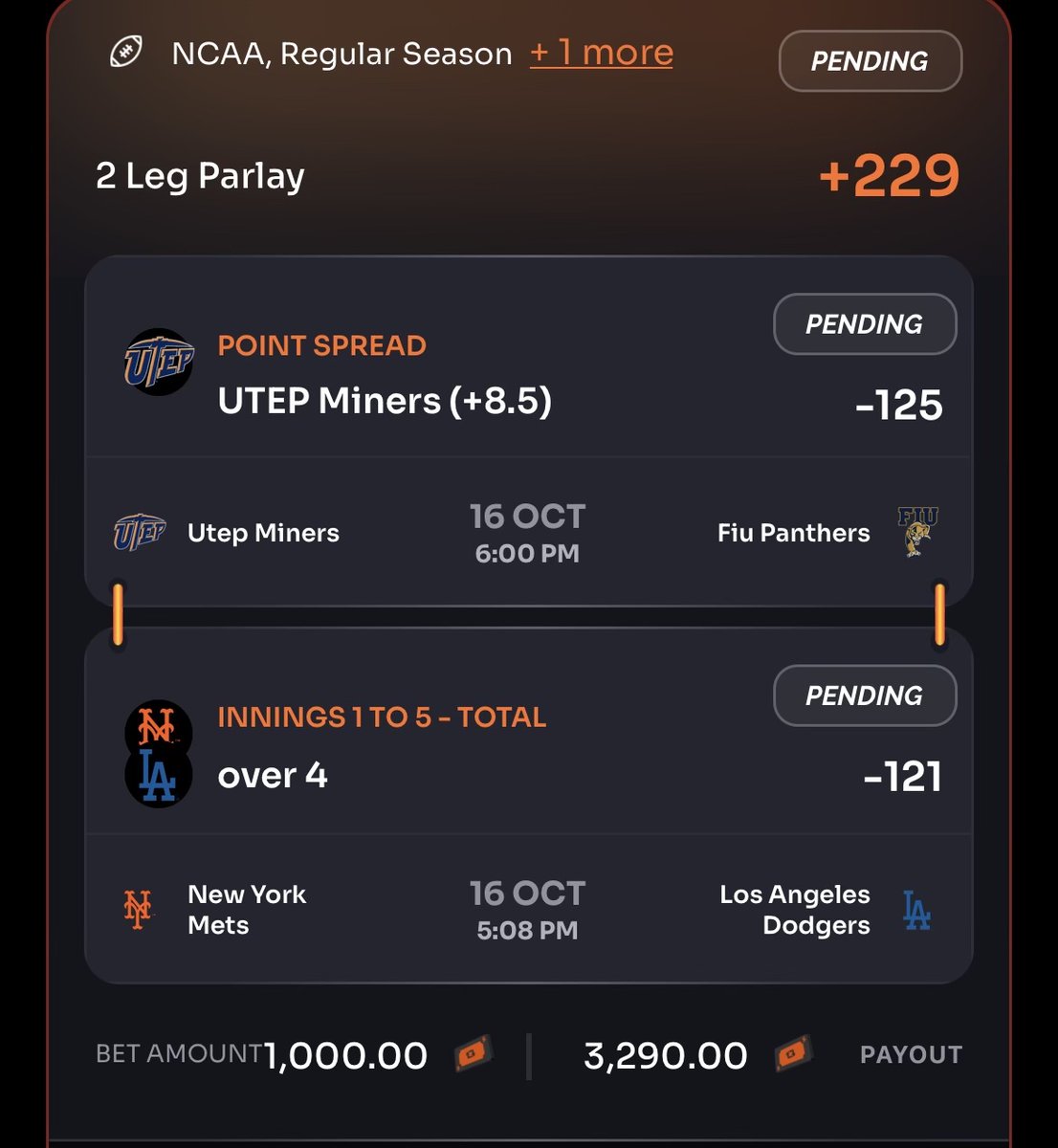EVBettors's tweet photo. DONT SUCK ASS PARALY, Wednesday Edition 😎

Who's tailing ... 🤔
1) UTEP +8.5
2) LAD v NYM 1H o4

This parlay is on Rebet, a sportsbook that's available in (basically) every state. They got a $100 deposit match here: https://t.co/rDF07rehrz (refer a friend code “ALEX”)