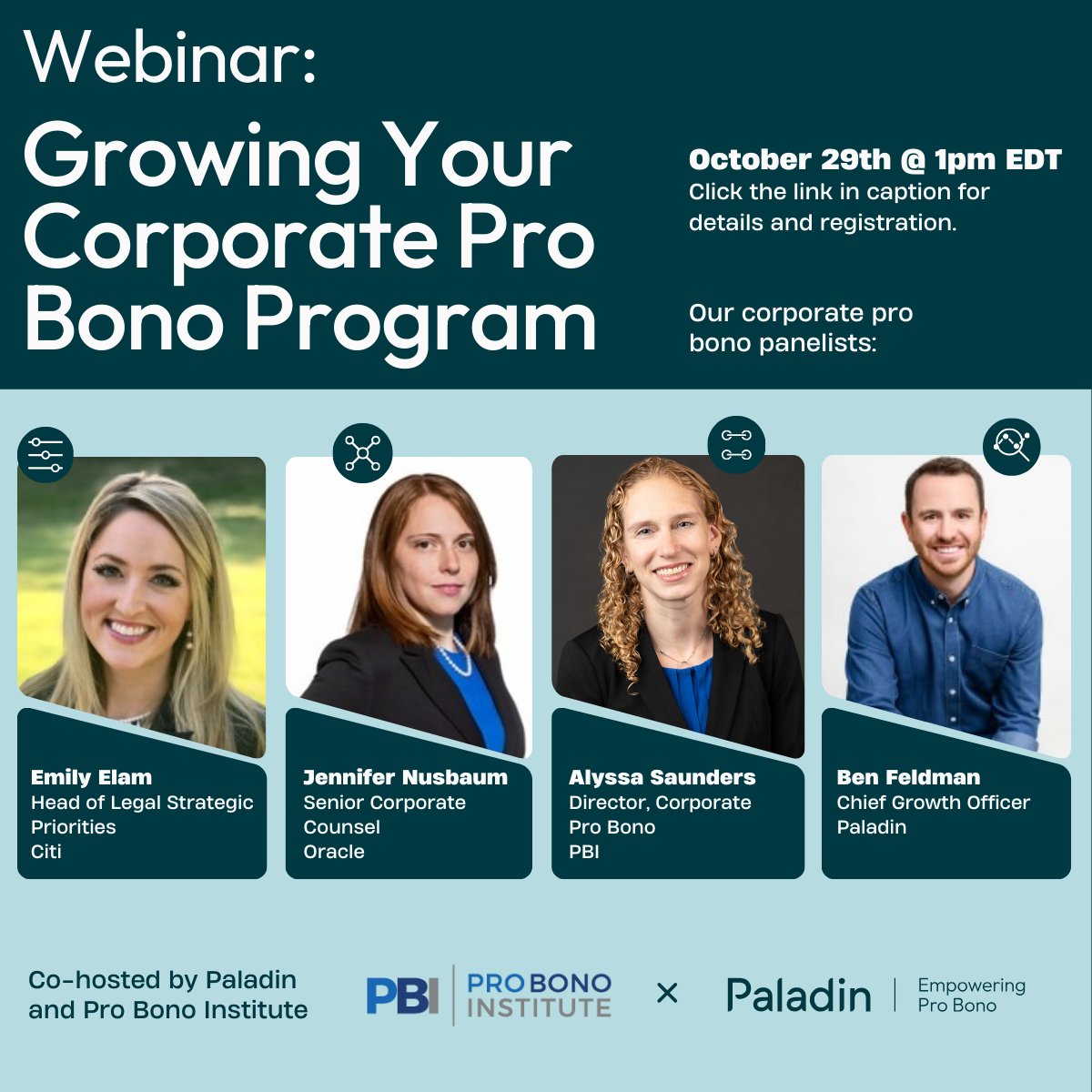 Looking to grow your corporate pro bono program? We’re teaming up with <a href="/ProBonoInst/">Pro Bono Institute</a>, <a href="/Citi/">Citi</a>, &amp; <a href="/Oracle/">Oracle</a>  for a convo on how to build &amp; grow pro bono programs within corporate departments. 

Join us on 10/29 at 1PM (ET) for practical insights! Register: us06web.zoom.us/webinar/regist…
