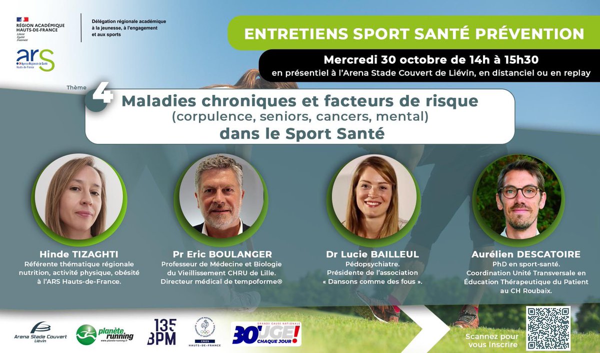 [J-15▶️Entretien #SportSanté #Prévention🏃🏿‍♀️🏃🏻‍♂️🧘🏽🚴‍♀️🏊‍♂️🌈#4] 
Un 4ème RDV 2024 organisé par la DRAJES <a href="/hautsdefrance/">Région Hauts-de-France</a> , l’<a href="/ARS_HDF/">ARS Hauts-de-France</a> , <a href="/CROSHDF/">CROS Hauts-de-France</a> , <a href="/ArenaLievin/">Arena Stade Couvert-Liévin</a> , <a href="/135BPM_officiel/">135BPM</a> , <a href="/planete_running/">Planète Running</a> ,  sur les maladies chroniques et les facteurs de risque👏🤩@EBoulangerlille  #GrandeCause