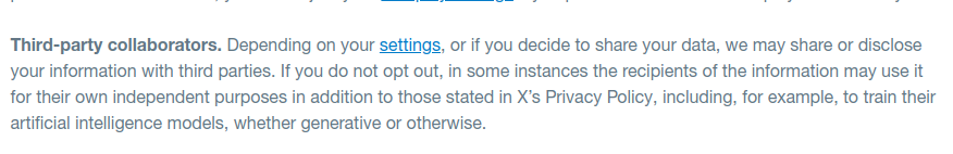 James_inthe_box's tweet photo. PSA:  X will now be using your data to train AI, as well as sharing it with 3rd parties to train their AI:

https://t.co/X38xfhPb0A

Shouldn't really be a surprise though. https://t.co/55XhwrxKPi