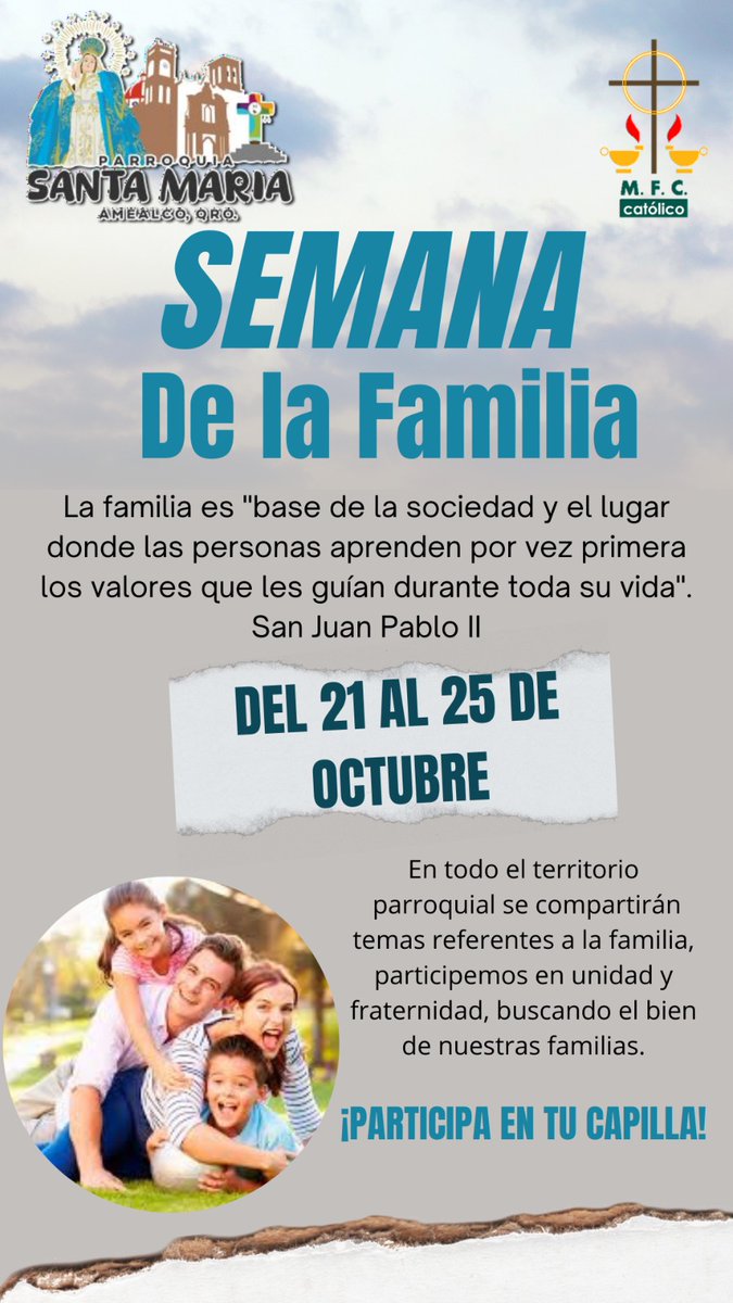 SantaMariaAme08's tweet photo. Con mucho entusiasmo compartimos la alegría de la Semana de la Familia 2024 👨‍👩‍👦, que se llevará a cabo del 21 al 25 de Octubre.

“𝙇𝙖 𝙛𝙖𝙢𝙞𝙡𝙞𝙖, 𝙚𝙡 𝙡𝙪𝙜𝙖𝙧 𝙙𝙤𝙣𝙙𝙚 𝙨𝙚 𝙖𝙥𝙧𝙚𝙣𝙙𝙚 𝙖 𝙖𝙢𝙖𝙧 𝙮 𝙨𝙚𝙧 𝙖𝙢𝙖𝙙𝙤”
𝙎𝙖𝙣 𝙅𝙪𝙖𝙣 𝙋𝙖𝙗𝙡𝙤 𝙄𝙄 https://t.co/VlJpsKLICa