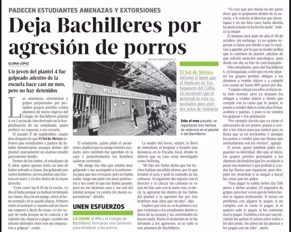 GloriaLC22's tweet photo. Desde septiembre @elsolde_mexico ha estado informando sobre la violencia porril que viven los alumnos en planteles de nivel medio superior. 

Esta semana publicó una serie de notas de testimonios y un mapeo de #prepas, #bachos y #polis donde se ha identificado esta problemática. https://t.co/4OaMf74PAe