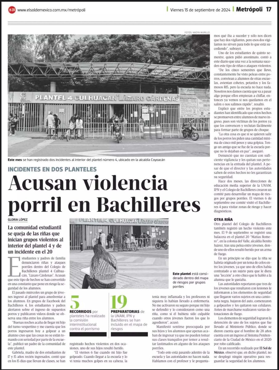 GloriaLC22's tweet photo. Desde septiembre @elsolde_mexico ha estado informando sobre la violencia porril que viven los alumnos en planteles de nivel medio superior. 

Esta semana publicó una serie de notas de testimonios y un mapeo de #prepas, #bachos y #polis donde se ha identificado esta problemática. https://t.co/4OaMf74PAe