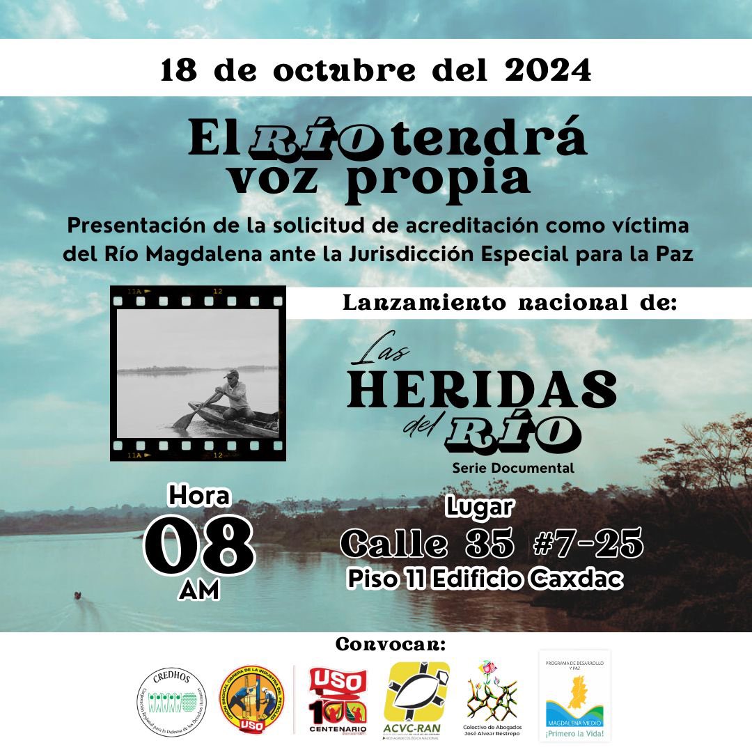 🌊✨ ¡Tenemos un evento histórico para el Magdalena Medio! ✨🌊

Este 18 de octubre en Bogotá, presentaremos la solicitud de acreditación del Río Magdalena como víctima del conflicto armado ante la Jurisdicción Especial para la Paz.