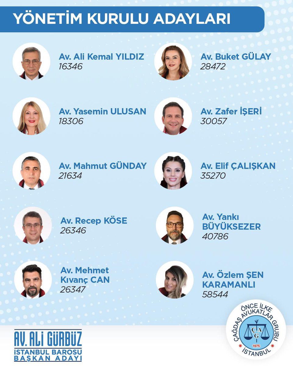 ÖNCE İLKE ÇAĞDAŞ AVUKATLAR GRUBU başkan adayımız Av. Ali GÜRBÜZ ve yönetim kurulu adaylarımız. Birlikte başaracağız✌🏼