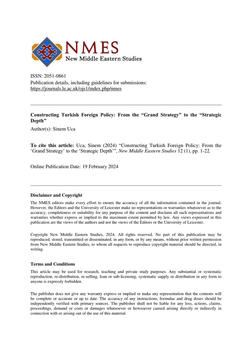 📌New NMES Article by Sinem Uca <a href="/Snm399/">Sinem Yıldız Uca</a> examines the evolution of Turkish "grand strategy" under the rule of the AKP (Justice and Development Party) administration. Interesting read for everyone interested in Turkish politics and foreign policy:
nmes.pubpub.org/pub/fn78p8rf/r…