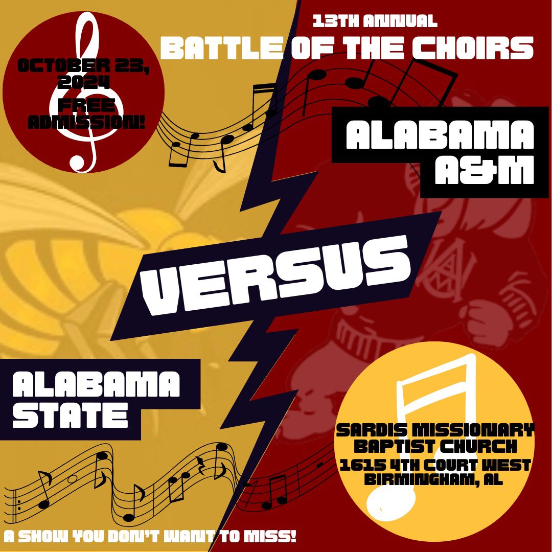 AAMUCHOIR_'s tweet photo. 🚨WE ARE OFFICIALLY ONE WEEK AWAY FROM BATTLE!🚨

Mark your calendars for Wednesday, October 23, 2024 at 6:00PM! Join us as we take on Alabama State University Choir at Sardis Missionary Baptist Church for the 13th Annual Battle of the Choirs! Can’t wait to see you all there! https://t.co/aDEMm8HJrA