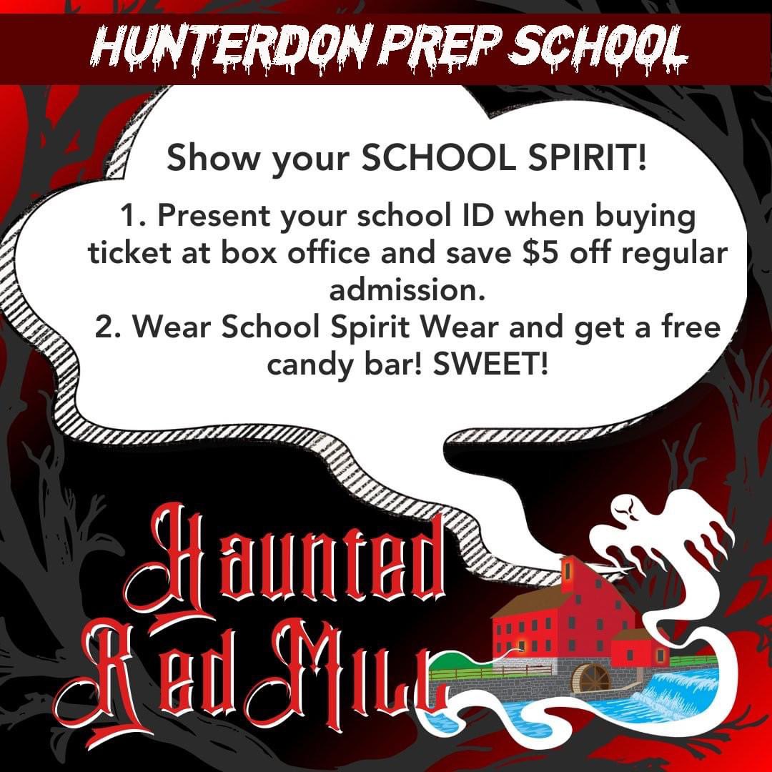 Hunterdon Prep, Show School Pride &amp; Spirit Friday Night, Oct. 18. Show school ID &amp; save. Wear school gear and get a free candy bar. Tickets must be purchased at the ticket booth, not online. 

#Hunterdon Preparatory School #discount #save #schoolpride #schoolspirit