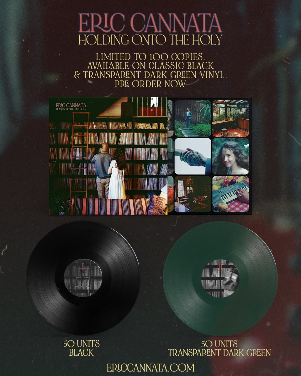 Eric_Cannata's tweet photo. Holding Onto the Holy is available for preorder now! We’ll be pressing a very limited amount of black vinyl and signed transparent green vinyl, along with offering an exclusive tee and tote as bundles! Pre-order now at the link in bio 🤍 https://t.co/6T7qVPXNwA