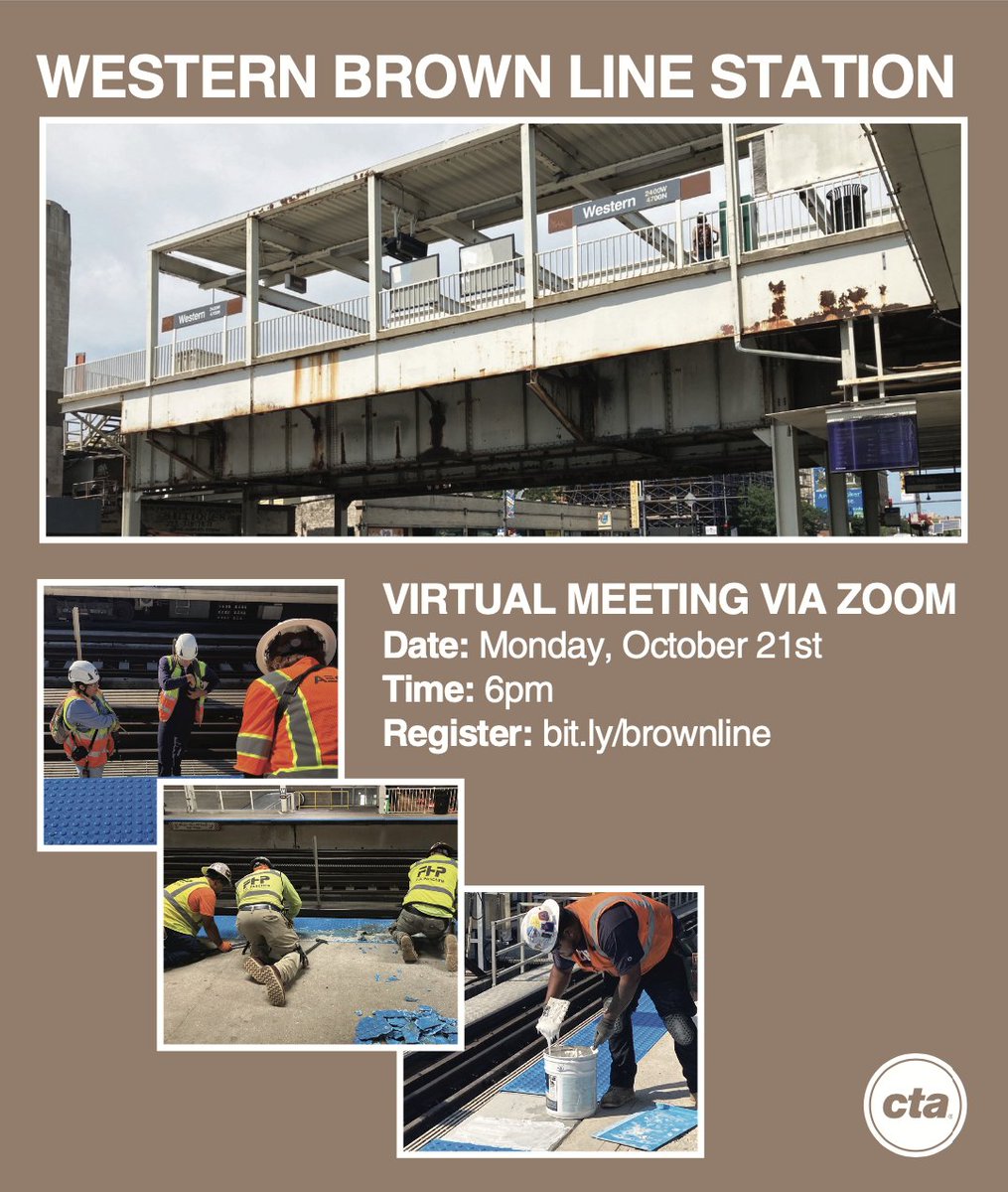 AldMattMartin's tweet photo. Join us and the CTA for the third and final meeting regarding the renovation of the Western Brown Line Station that is continuing over the next year. CTA has gathered feedback from riders and can present on their finalized construction plans. Register at https://t.co/RG81woClwf https://t.co/I0NW1fwuIq