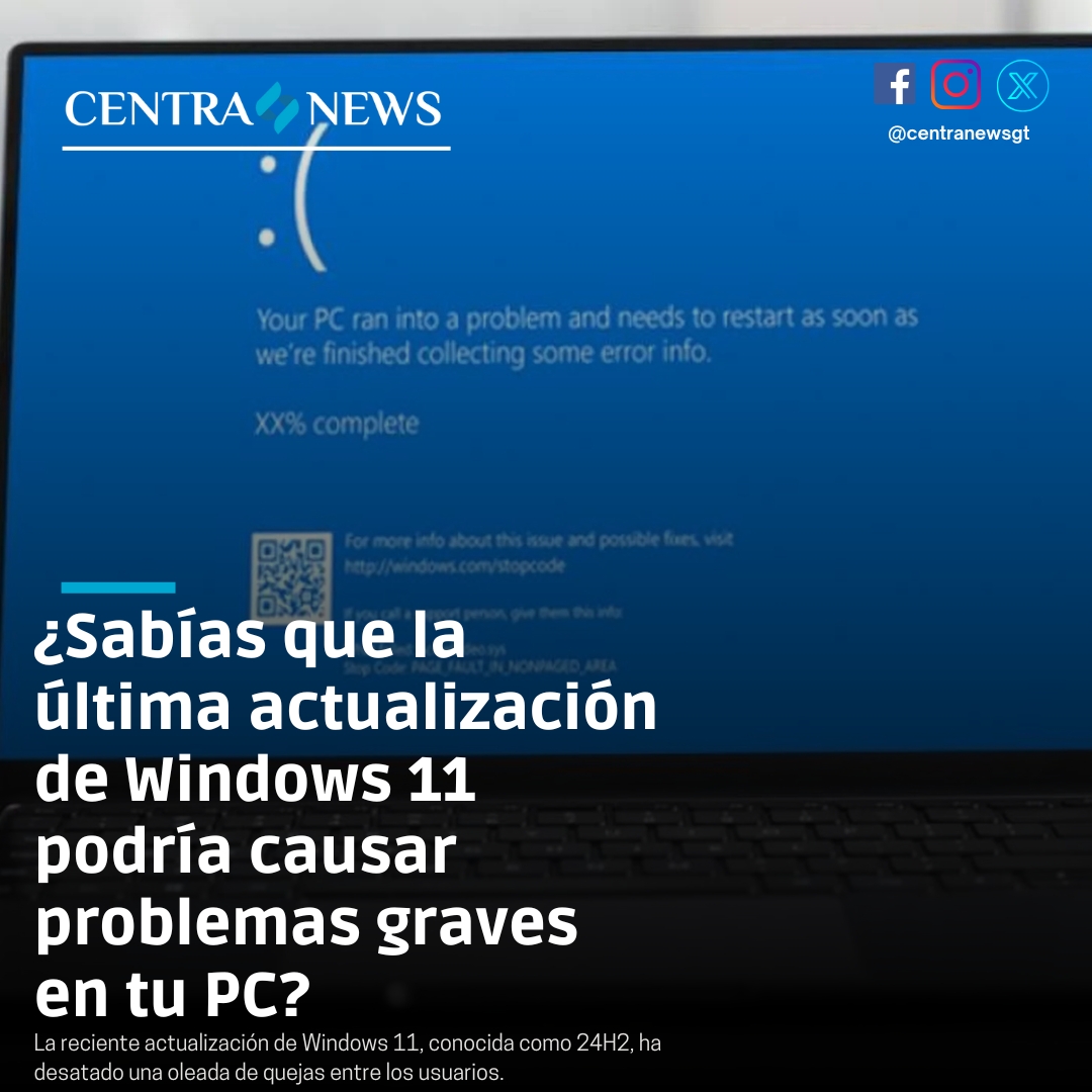 CentraNewsGT's tweet image. 🚨 🖥️ #PorQuéEsTendencia | La nueva actualización 24H2 ha reactivado la temida "pantalla azul de la muerte" entre los usuarios. 

🤔 ¿Te ha afectado? 

🔗 Lee Más: lc.cx/y1dTLr

 #Windows11 #PantallaAzul