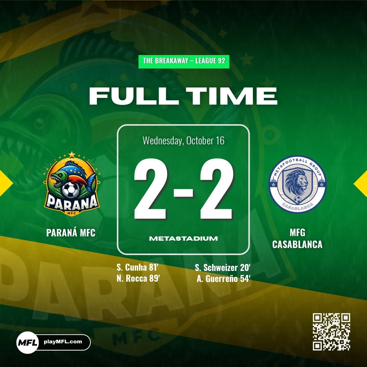 ParanaMFC's tweet photo. LEAGUE GAME 7 - Nicola Rocca rescues us a point against MFG Casablanca with an 89th minute equaliser in a 2-2 draw! 🇧🇷 #playMFL https://t.co/NzuchJOeIS